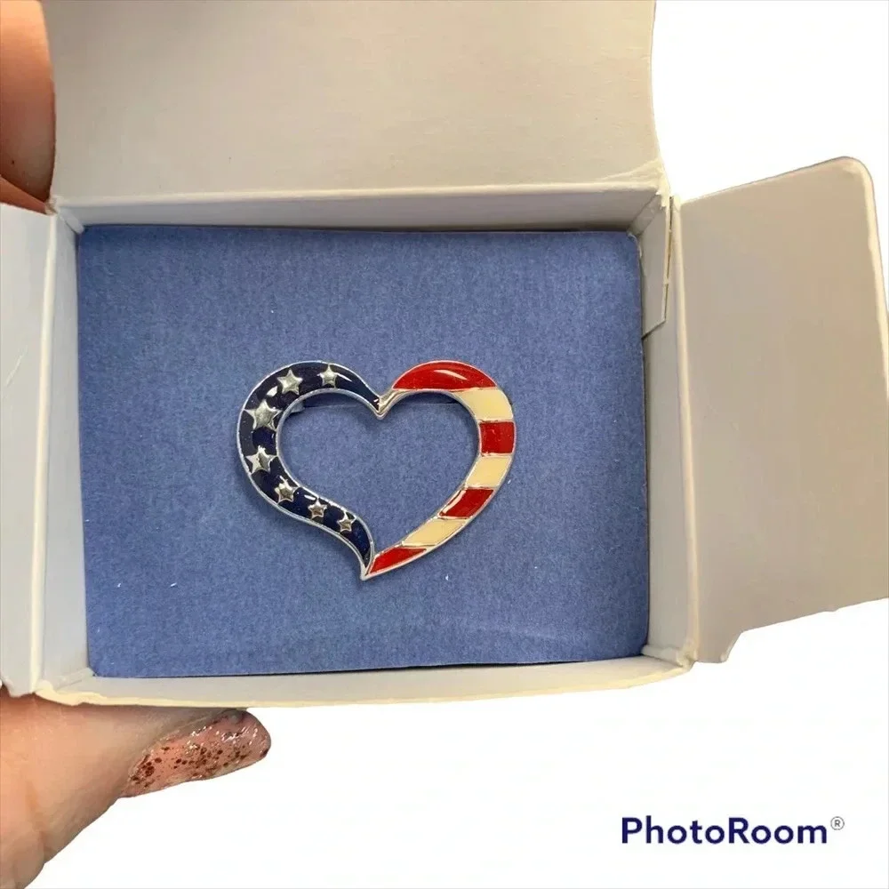 Avon silver heart shaped American flag inspired pin